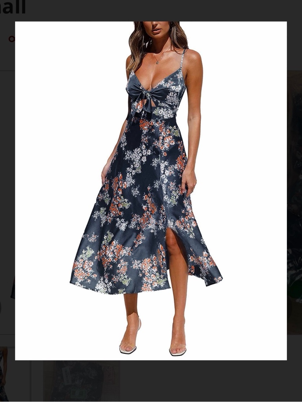Navy Floral Tie-Front Midi Dress with Side Slit